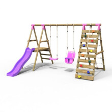 (Moonstone, Pink) Rebo Wooden Swing Set with Deck and Slide plus Up and Over Climbing Wall