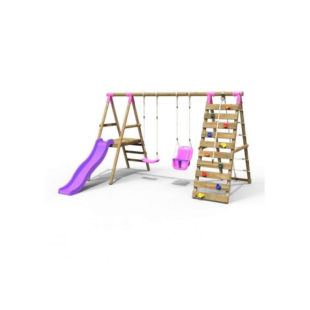 (Moonstone, Pink) Rebo Wooden Swing Set with Deck and Slide plus Up and Over Climbing Wall