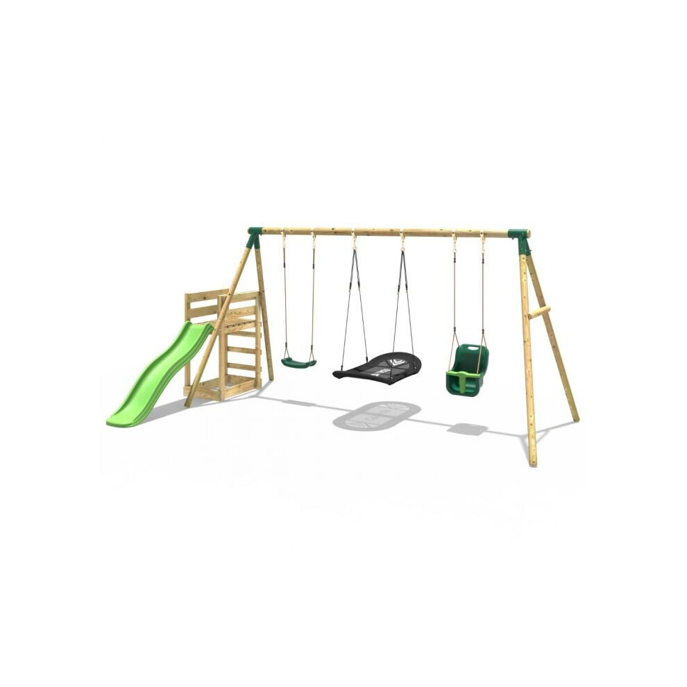 (Halley, Green) Rebo Wooden Swing Set plus Deck & Slide