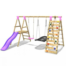 (Quartz, Pink) Rebo Wooden Swing Set with Deck and Slide plus Up and Over Climbing Wall