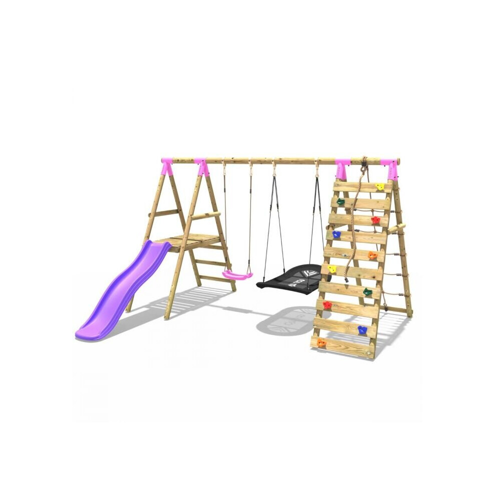 (Quartz, Pink) Rebo Wooden Swing Set with Deck and Slide plus Up and Over Climbing Wall