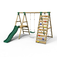 (Amber, Green) Rebo Wooden Swing Set with Deck and Slide plus Up and Over Climbing Wall
