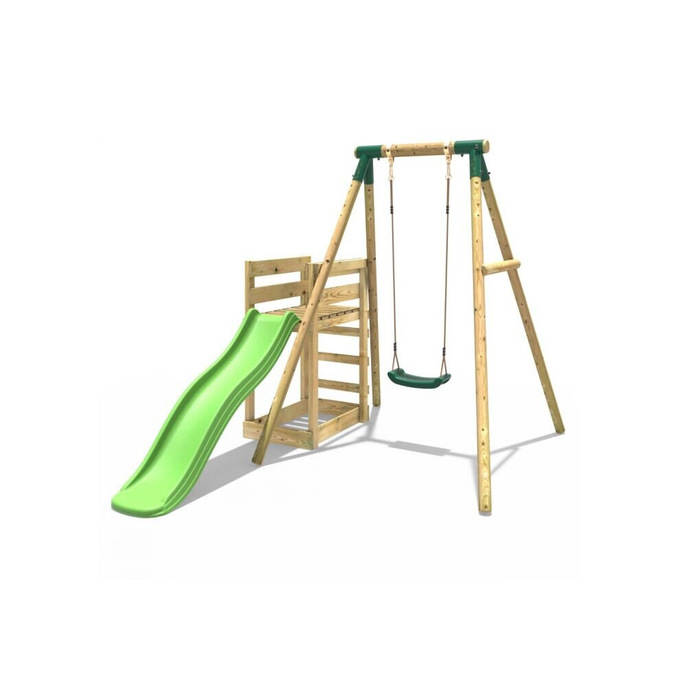 (Solar, Green) Rebo Wooden Swing Set plus Deck & Slide