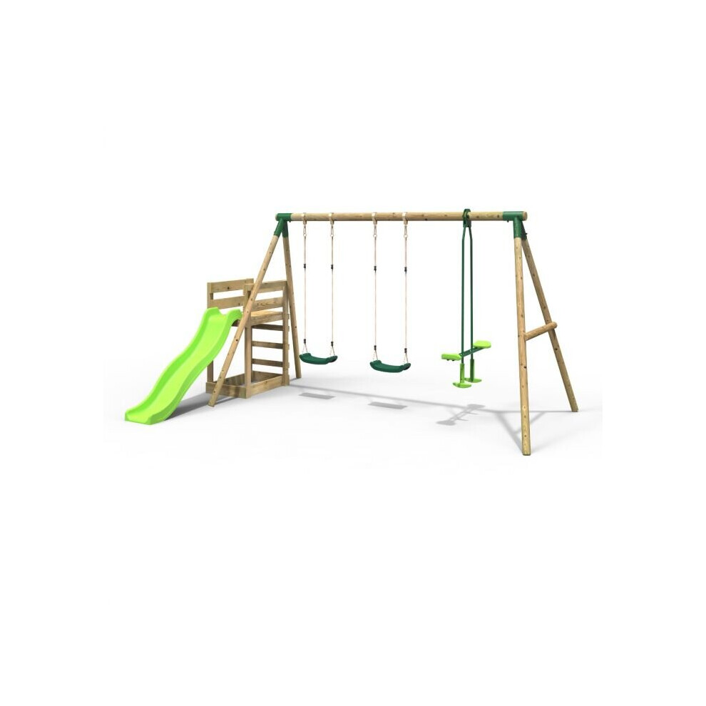 (Neptune, Green) Rebo Wooden Swing Set plus Deck & Slide