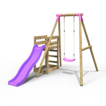 (Solar, Pink) Rebo Wooden Swing Set plus Deck & Slide