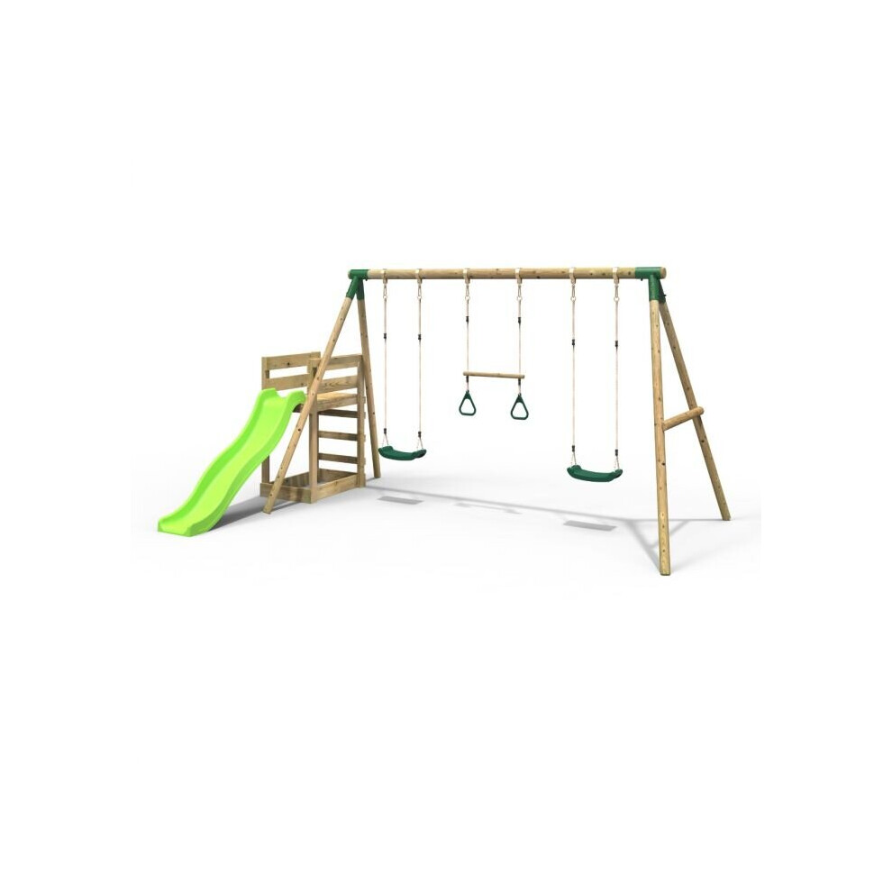 Wooden Triple Swing Set with Trapeze Bar and Slide - Comet Green