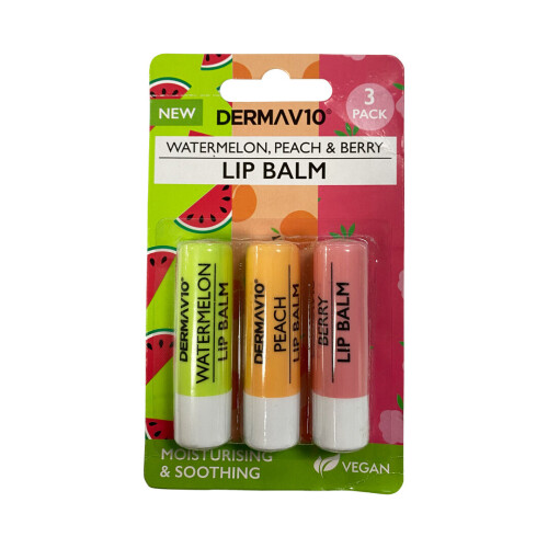 Derma V10 Triple Pack Lip Balm ~ Καρπούζι, Ροδάκινο, Μούρο