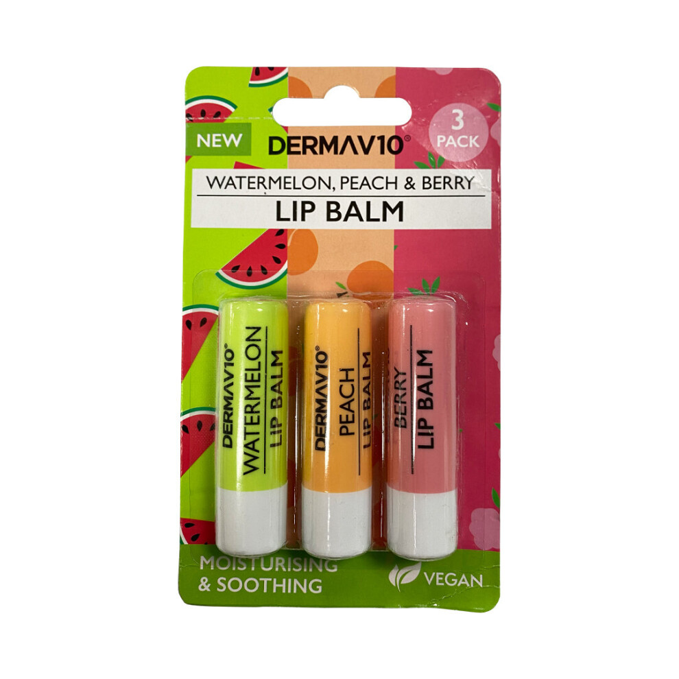 Derma V10 Triple Pack Lip Balm ~ Watermelon, Berry Peach