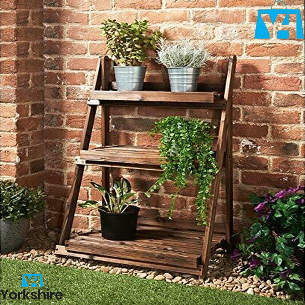 BURNTWOOD 3 TIER FLOWER PLANT STAND GARDEN LADDER SHELF DISPLAY SHELVING RACK