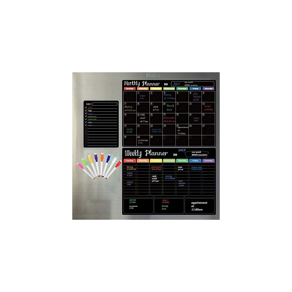 Magnetic Monthly Board for Kitchen Fridge with 8 Color Chalk Markers, 16"x12" Dry Erase Weekly Meal Planner and Grocery Shopping List Notepad