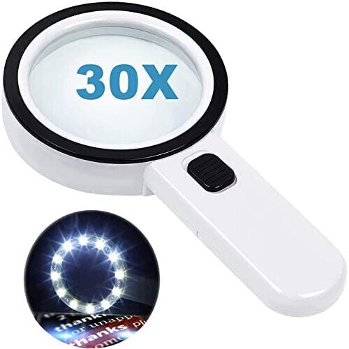 Magnifying Glass with 12 LED Lights, 30X Double Glass Lens Handheld Illuminated Magnifier Reading Magnifying Glass with for Seniors Read, Coins,