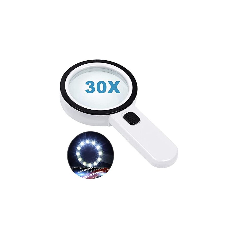 Magnifying Glass with 12 LED Lights, 30X Double Glass Lens Handheld Illuminated Magnifier Reading Magnifying Glass with for Seniors Read, Coins,