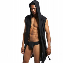 (Black, M) Men Sexy Bathrobe Ice Silk Hooded Pajamas