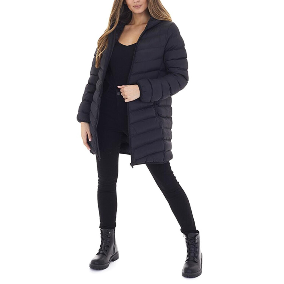 (Black - GRANTLONG, UK 8) BRAVE SOUL Womens Long Parka Bubble Hooded Jacket