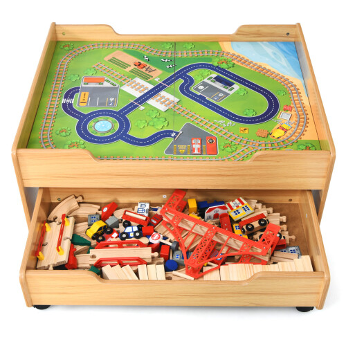 Costway Kids Wooden Train Track Railway Set Table W/ 100 Multicolor Pieces 1