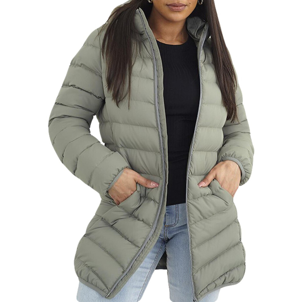 (Sage - GRANTLONGB, UK 10) BRAVE SOUL Womens Long Parka Bubble Hooded Jacket