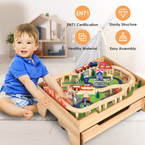 Costway Kids Wooden Train Track Railway Set Table W/ 100 Multicolor Pieces 2