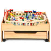 Kids Wooden Train Track Railway Set Table W/ 100 Multicolor Pieces