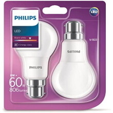 Philips LED B22 Frosted Light Bulbs, 8 W (60 W) - Warm White, Pack of 2