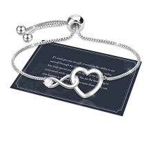 Bracelet for Women,Sterling Silver S925 Bracelet,Silver Infinity Bracelet Crystal Slider Bracelet with Zircon,Adjustable Heart Bracelet for