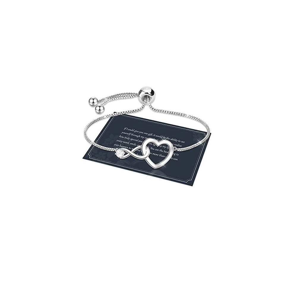 Bracelet for Women,Sterling Silver S925 Bracelet,Silver Infinity Bracelet Crystal Slider Bracelet with Zircon,Adjustable Heart Bracelet for