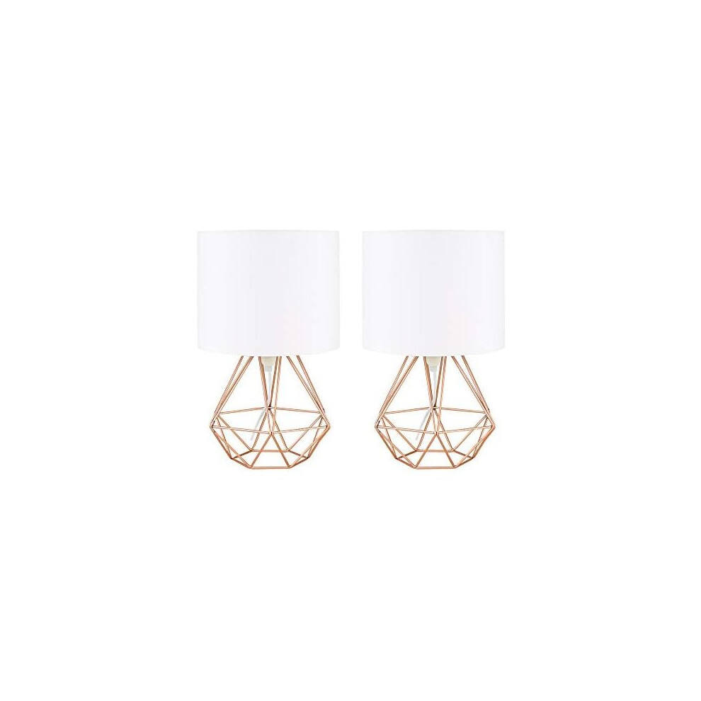 MiniSun Pair of Modern Copper Metal Basket Cage Style Table Lamps with White Fabric Shades - Complete with a 4w LED Golfball Bulb [3000K Warm White]