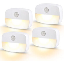 AmmToo LED Motion Sensor Night Light 4 Pack - Battery Powered, Stick-On, Warm White 3200K, Auto On Off, Indoor Hallway Toilet Kitchen