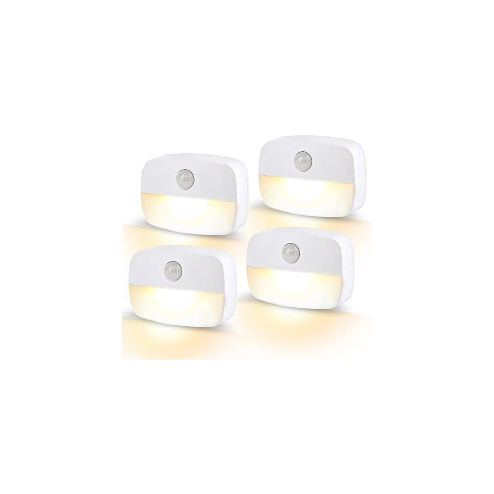 AmmToo LED Motion Sensor Night Light 4 Pack - Battery Powered, Stick-On, Warm White 3200K, Auto On Off, Indoor Hallway Toilet Kitchen