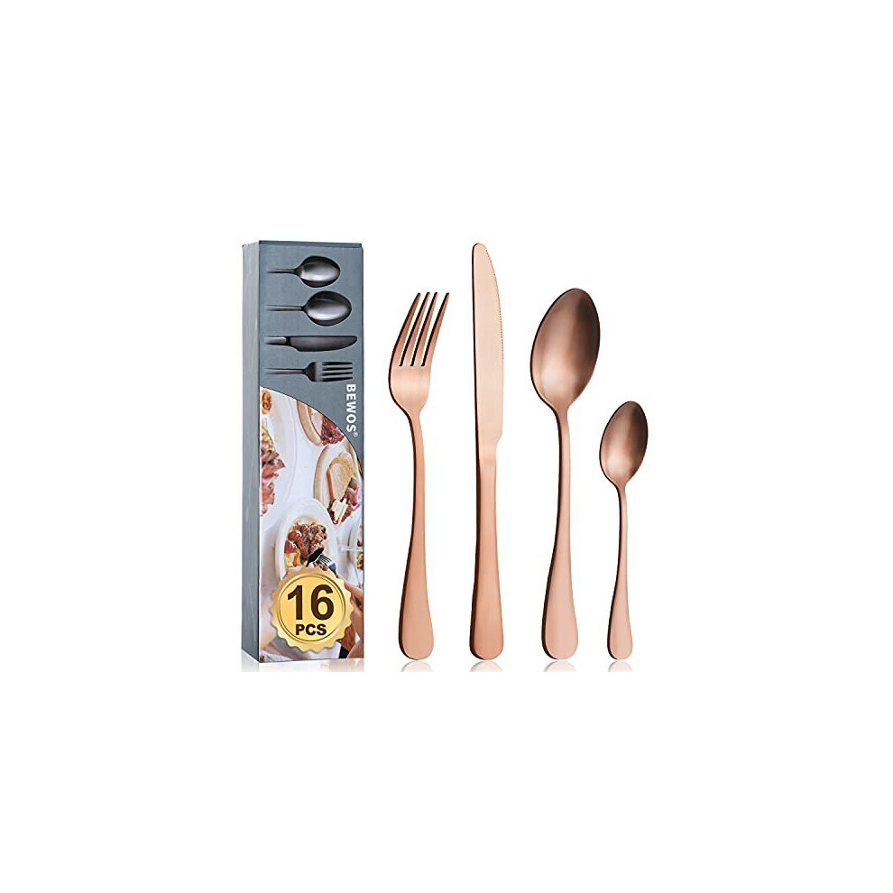 Cutlery Set, BEWOS 16-Piece Stainless Steel Flatware Set, Tableware Silverware Set with Matt Rose Gold Spoon Knife and Fork Set, Service for 4,