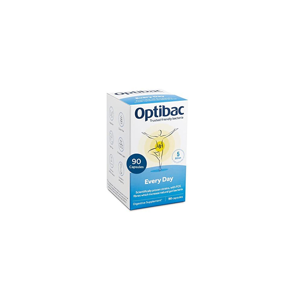 Optibac Probiotics Every Day - Digestive Supplement with 5 Billion Bacterial Cultures & FOS Fibres - 90 Capsules