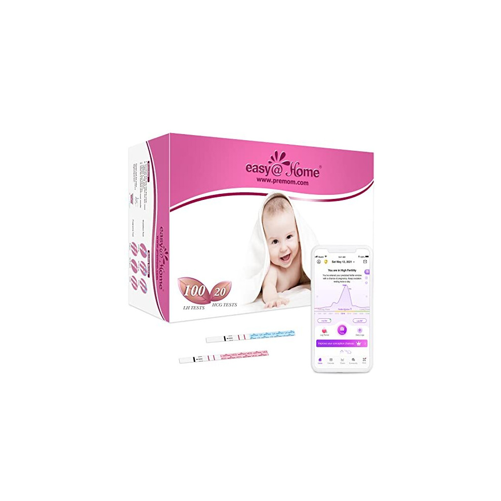 Easy@Home 100 x Ovulation Test Strips and 20 x Pregnancy Test Strips - Fertility Test Kit, Powered by Premom Ovulation Predictor iOS and Android App