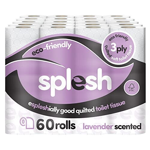 Cusheen Splesh by Cusheen Toilet Tissue Roll Bulk Buy (60 Toilet Rolls) - Eco-Friendly, Soft & Quilted 3-Ply Toilet Paper, Made from Sustainably Sourced Pulp
