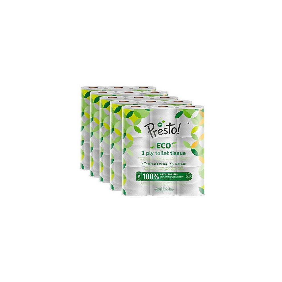 Amazon Brand - Presto! 3-Ply ECO Toilet Tissues, 45 Rolls (5 x 9 x 200 sheets)