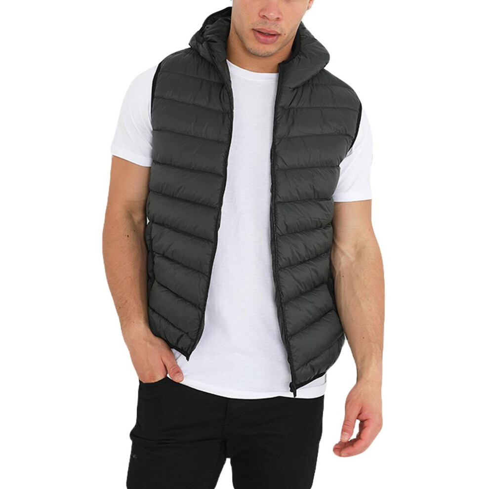 (L, Khaki) BRAVE SOUL Mens Sleeveless Hooded Gilet Jacket