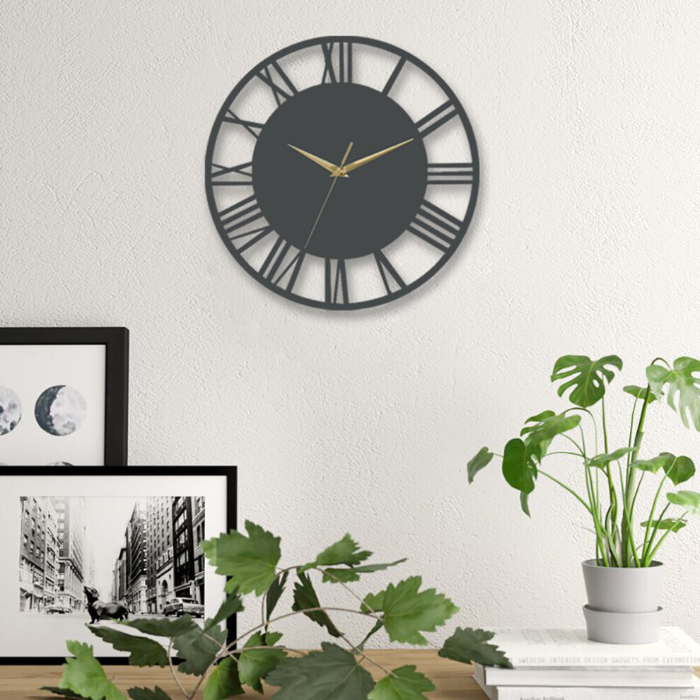 Silent Round Wood Wall Clock Decorative Roman Numeral