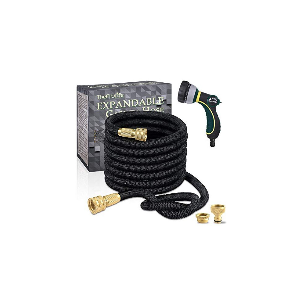 TheFitLife Expandable Garden Hose Pipe - Triple Core Latex and Solid Metal Fittings 8 Pattern Spray Nozzle EU Standard Expanding Kink Free Easy