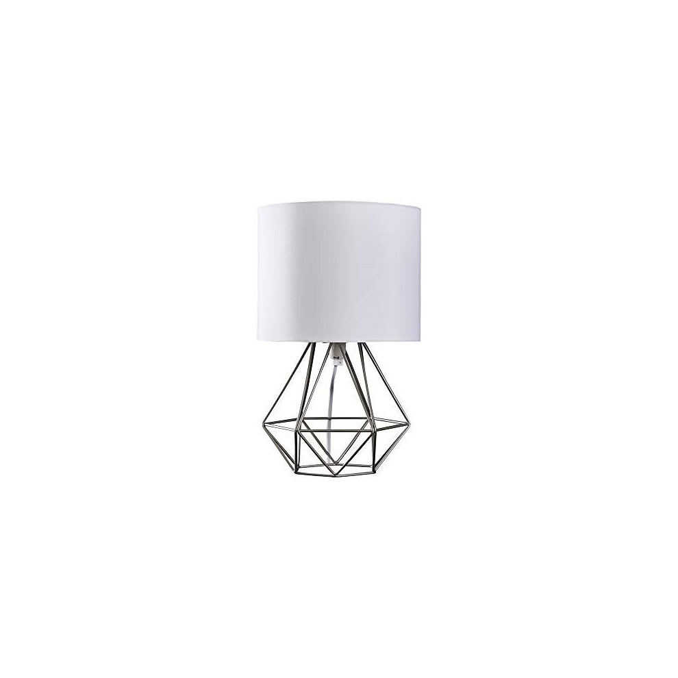Modern Brushed Chrome Metal Basket Cage Style Table Lamp with a White Fabric Shade