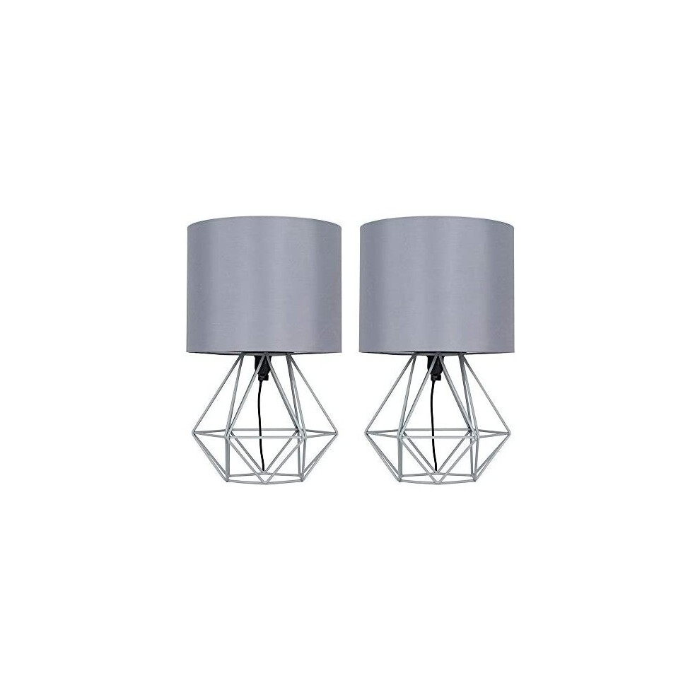 MiniSun Pair of Modern Grey Metal Basket Cage Style Table Lamps with a Grey Fabric Shade - Complete with a 4w LED Golfball Bulb [3000K Warm White]