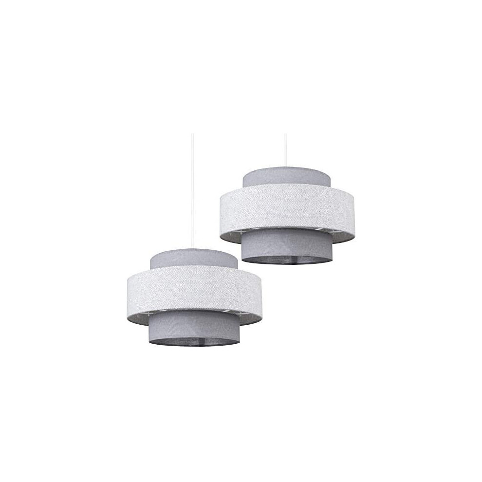 Pair of - Modern Cylinder Ceiling Pendant Light Shades in a Dark Grey & Light Grey Herringbone Finish - Complete with 10w LED GLS Bulbs [3000K Warm