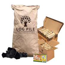 BBQ Starter Kit 10kg. Contains 10kg Bag of Restaurant Grade Charcoal, a 3kg Box of Kiln Dried Kindling, a pack of Safety Matches and a Box of