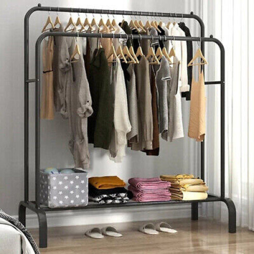 (White) Double Clothes Rail Hanging Rack Storage Shelf