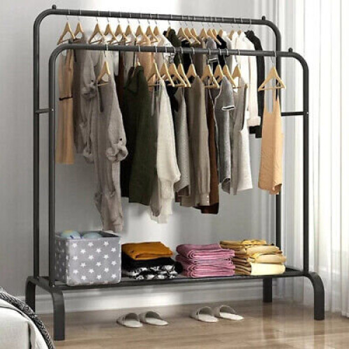 ( Black) Double Clothes Rail Hanging Rack Storage Shelf