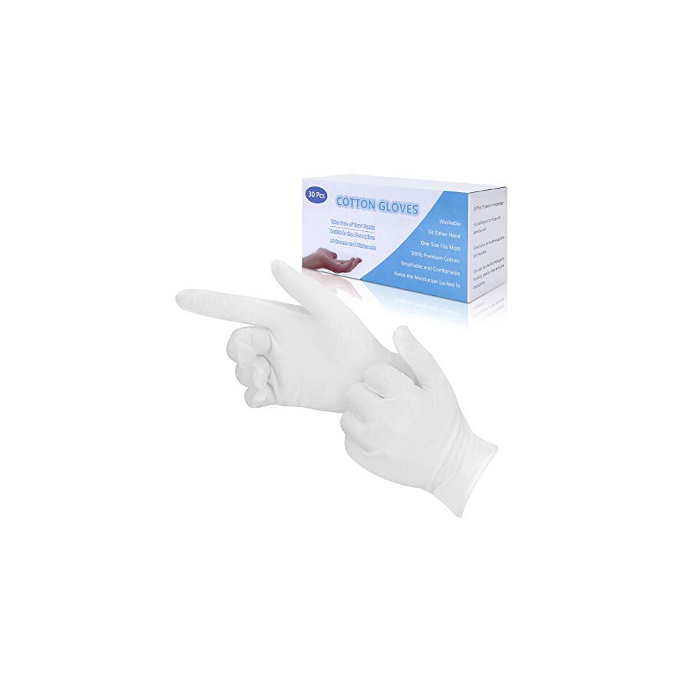 Cotton Gloves, 30 Pcs White Cotton Gloves for Eczema, Washable Shrink Resistant Cotton Gloves for Men and Women, Stretchable Breathable Cloth Gloves