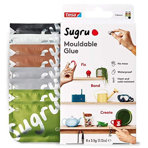 sugru I000952 Mouldable Multi-Purpose Glue for Creative Fixing and Making, Black, White, Green, Brown & Gray, 8-Pack