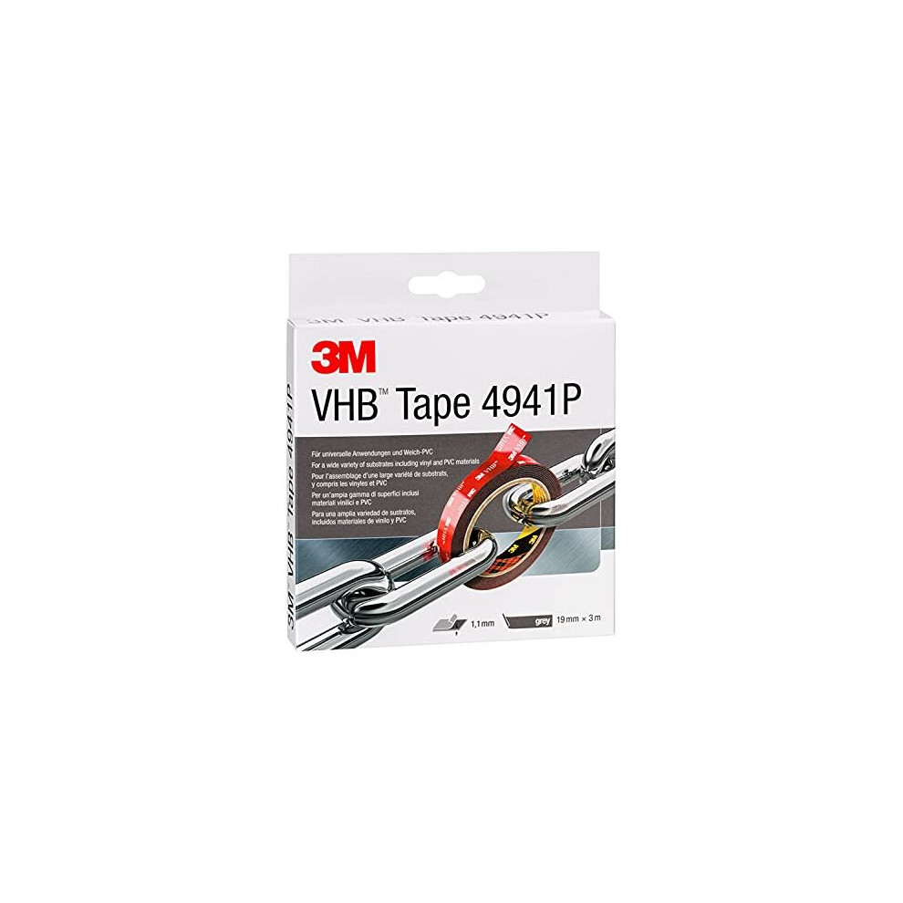 3M Vhb 4941P, Double Sided Foam Tape - Excellent Adhesion To Most Metals, Polycarbonate And Abs - 19 Mm X 3 M, 1.1 Mm (1 Roll) Grey