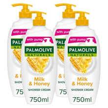 Palmolive Naturals Milk & Honey Shower Gel Pump 750 ml Pack of 4, Dermatologically Tested Body Wash, Moisturising Milk and Honey (4 x 750 ml)