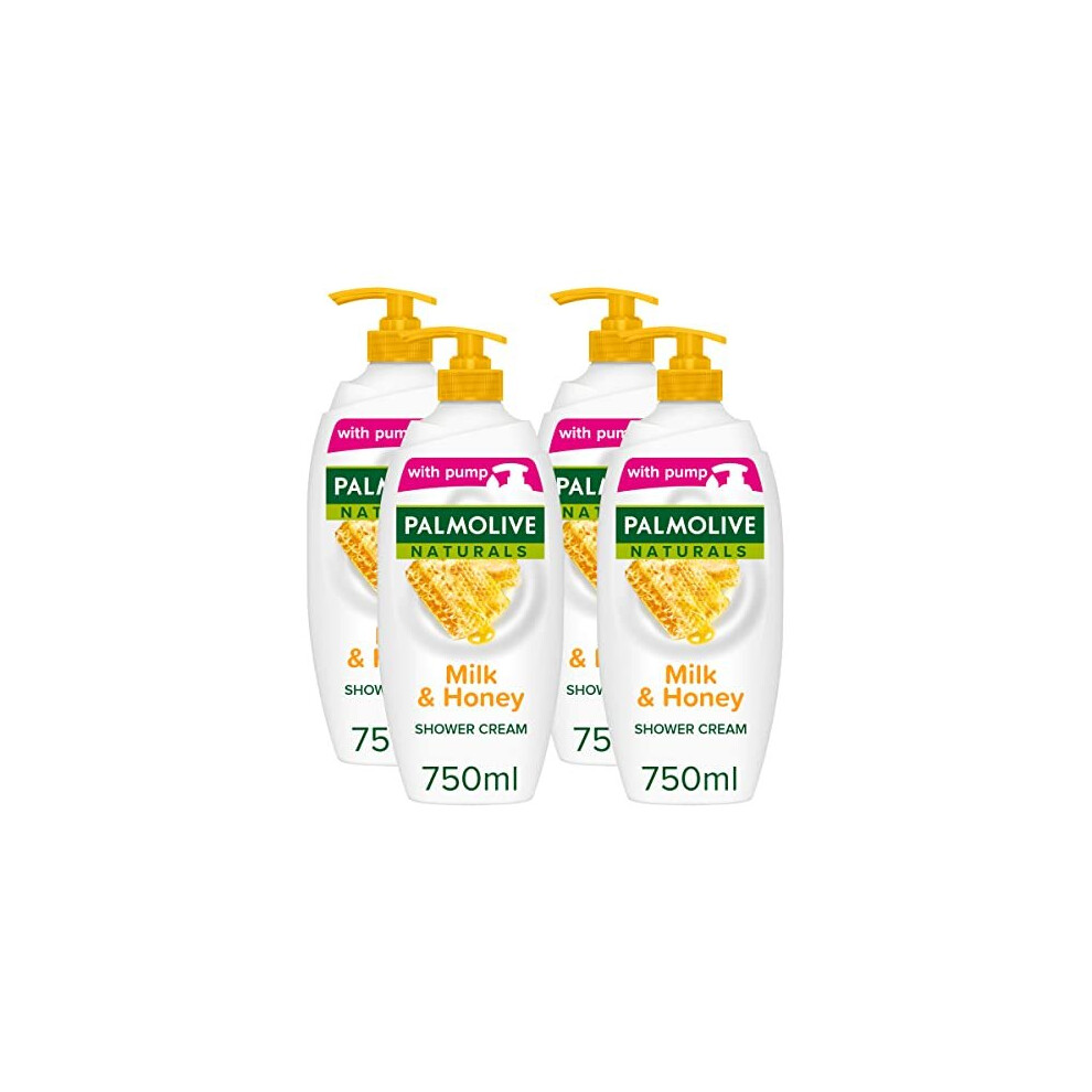 Palmolive Naturals Milk & Honey Shower Gel Pump 750 ml Pack of 4, Dermatologically Tested Body Wash, Moisturising Milk and Honey (4 x 750 ml)