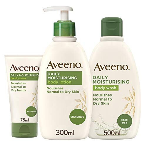 Aveeno Daily Moisturising Steps Skin Care Regime Set Body Wash Body Lotion and Hand cream Nourishes Sensitive and Dry Skin, 3 count