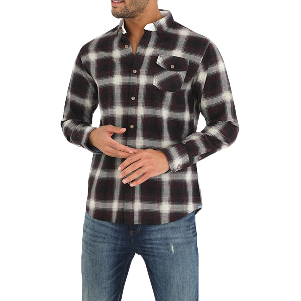 (Ecru Wine Black Check, S) BRAVE SOUL Men Check Printed Shirts 100% Cotton