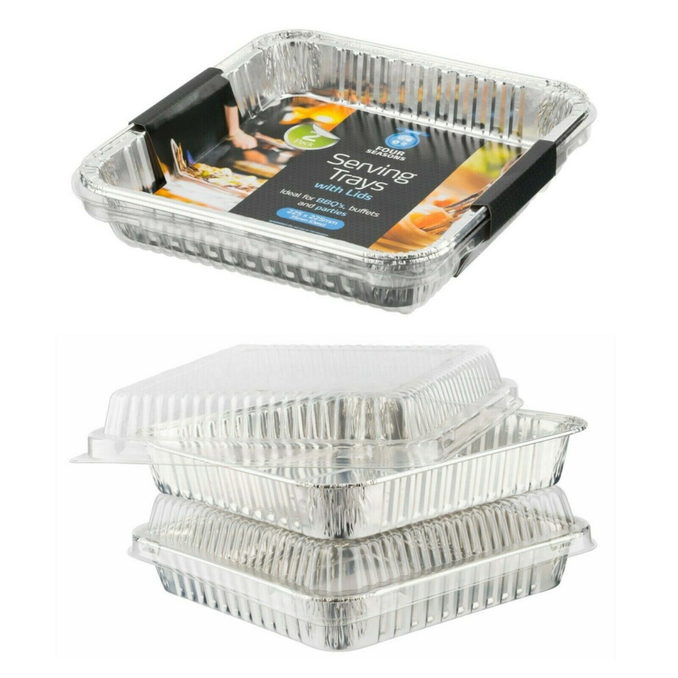 2 Square Foil Serving Dish Trays With Plastic Lid Cover Catering